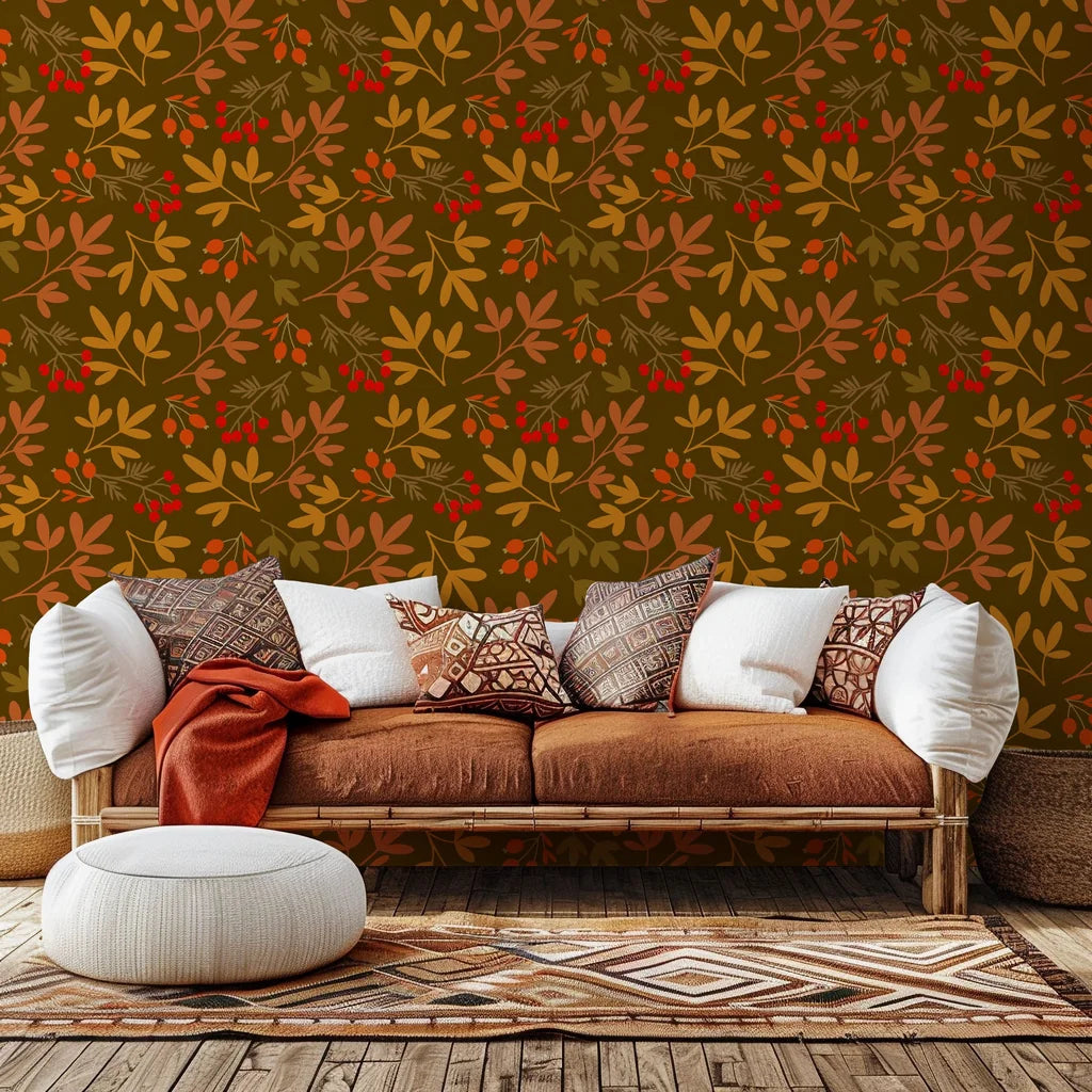 A deep chocolate-brown wallcovering adorned with vibrant orange foliage and small red fruits