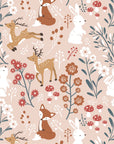 Woodland animals wallpaper on a nursery wall creating a soft storybook forest atmosphere