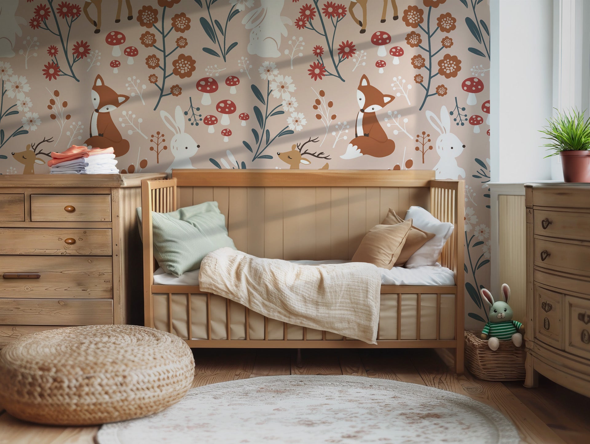 Forest animal wallpaper installed on a bedroom wall with deer fox and rabbit illustrations