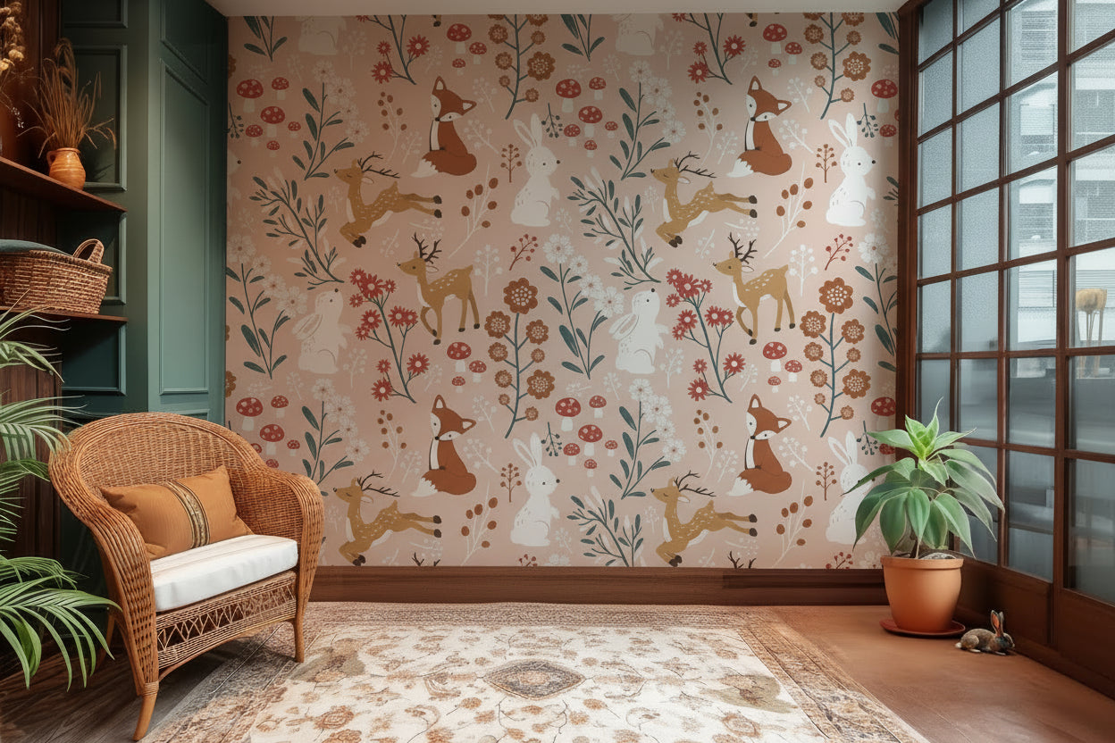 Woodland themed wallpaper covering a playroom wall with warm neutral colors and nature motifs
