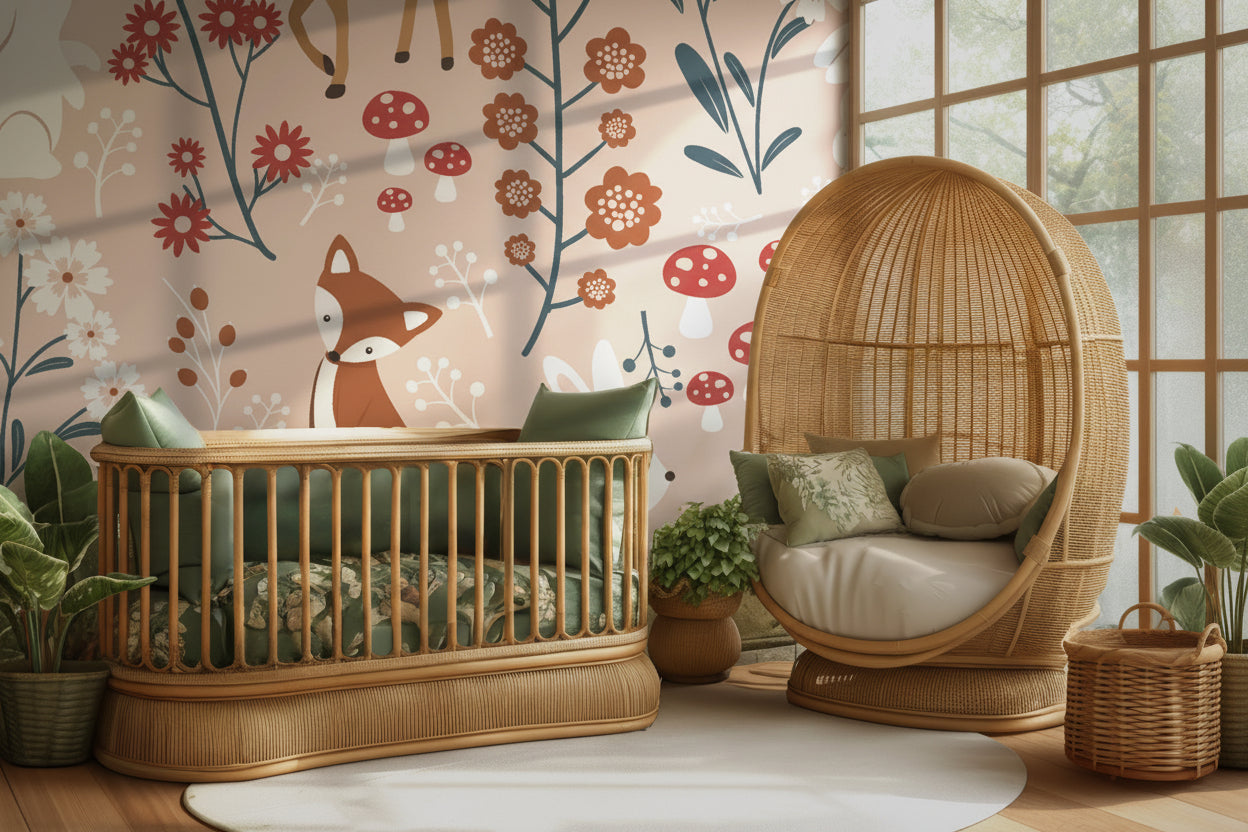 Children’s woodland wallpaper displayed on an interior wall with whimsical forest animals