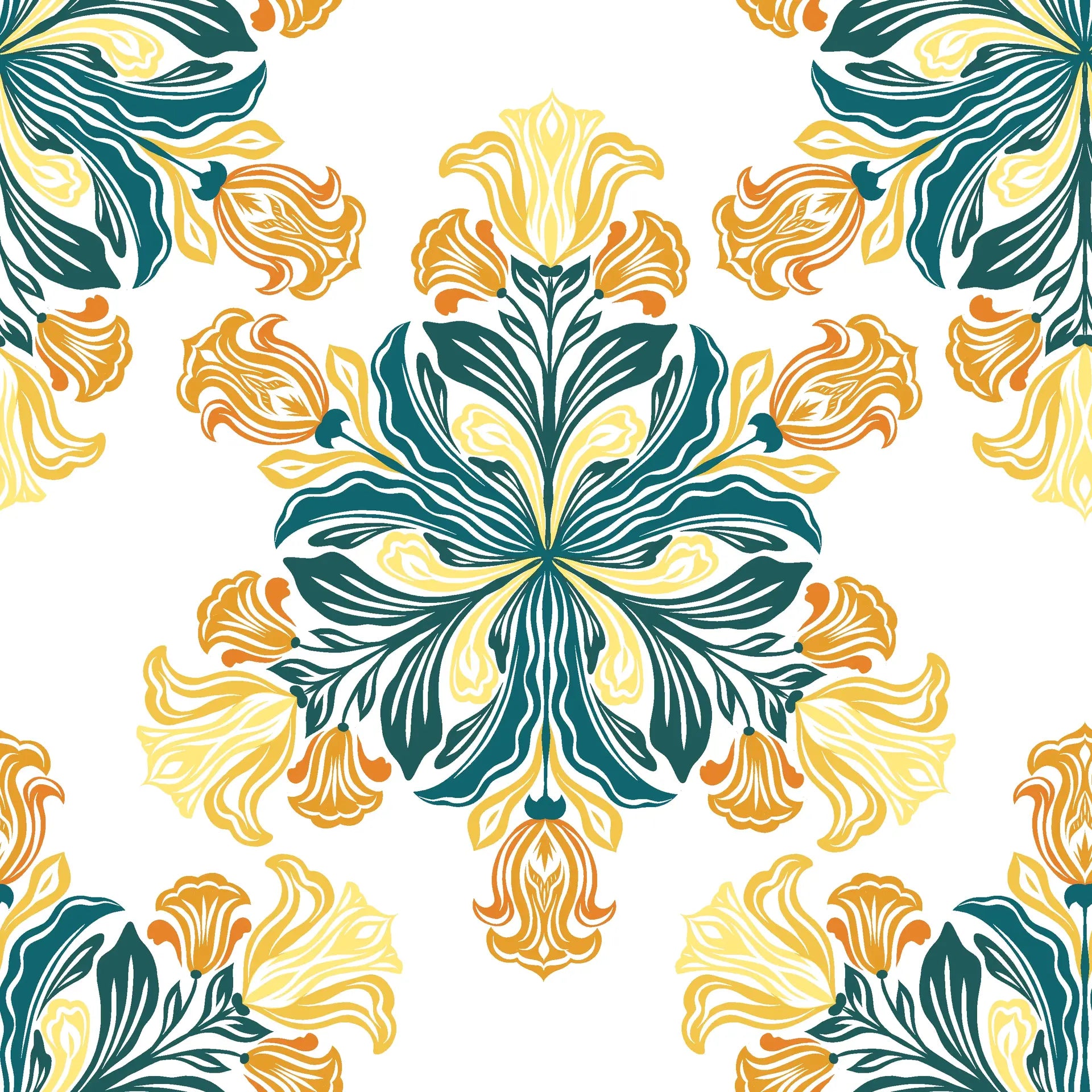 Saffron Bloom vibrant yellow and teal floral wallpaper