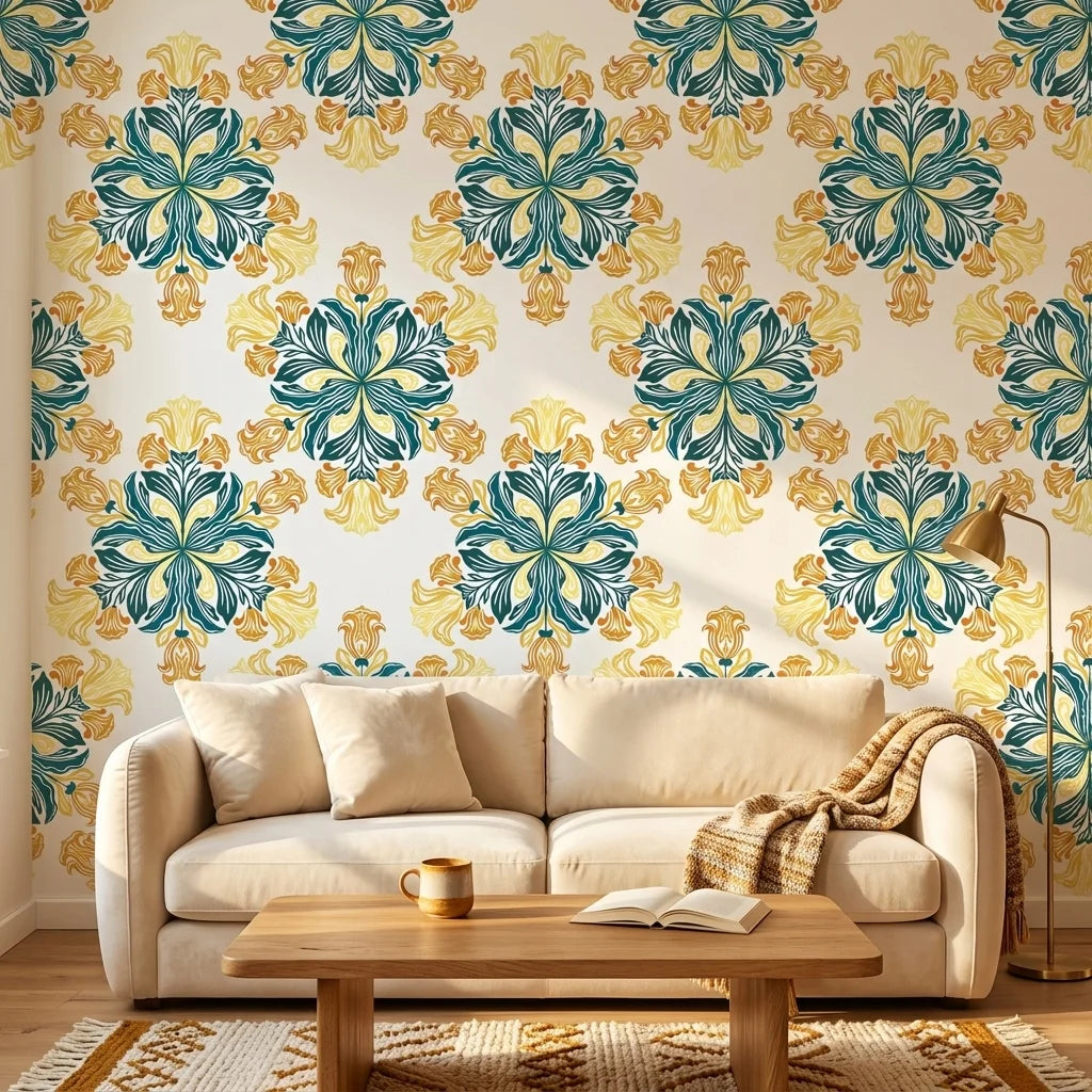 Saffron Bloom vibrant yellow and teal floral wallpaper creating ambiance in a serene bathroom