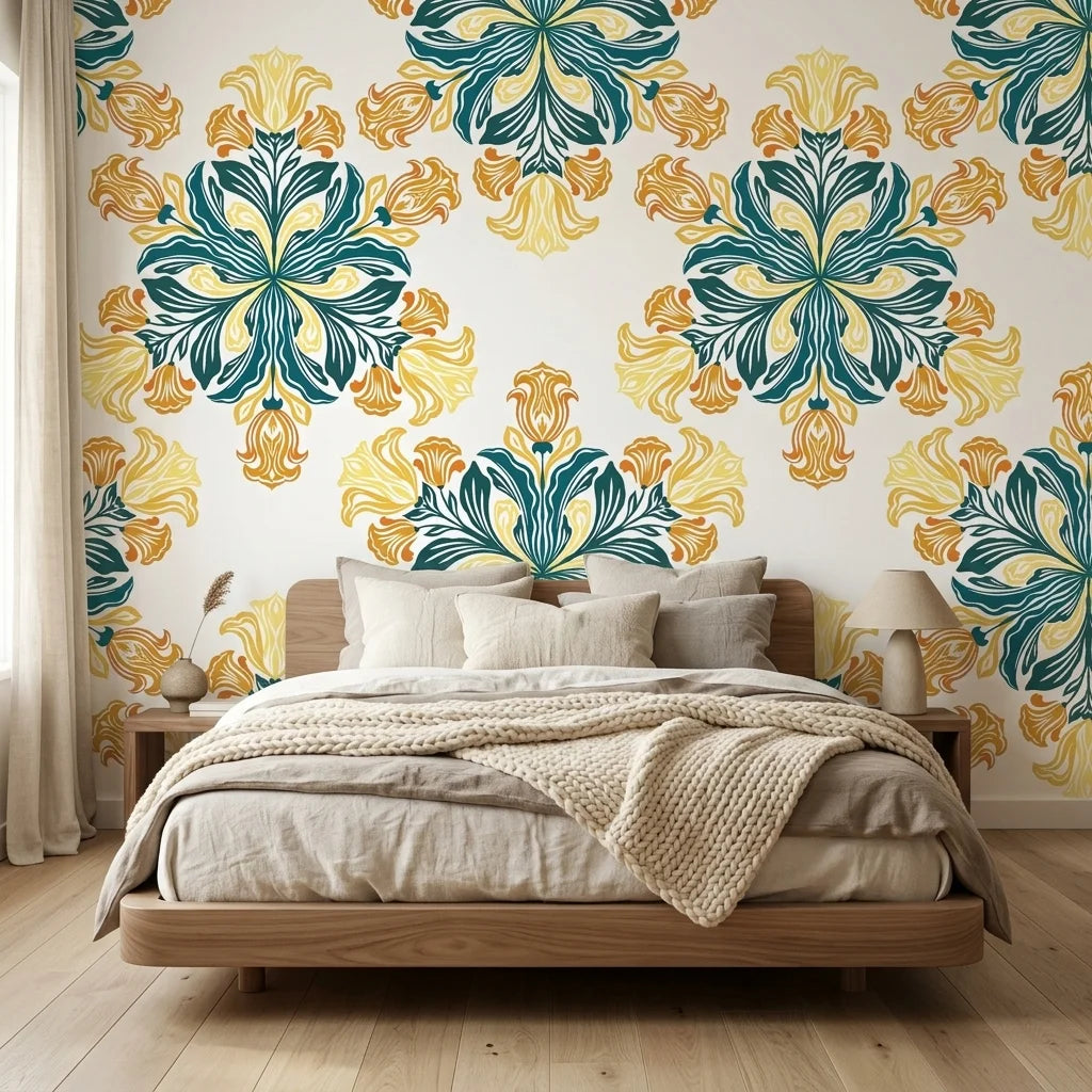 Saffron Bloom vibrant yellow and teal floral wallpaper in a warm and inviting living room