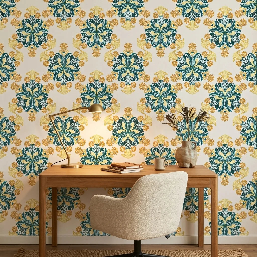 Saffron Bloom vibrant yellow and teal floral wallpaper adding character to a cozy bedroom