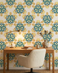 Saffron Bloom vibrant yellow and teal floral wallpaper adding character to a cozy bedroom