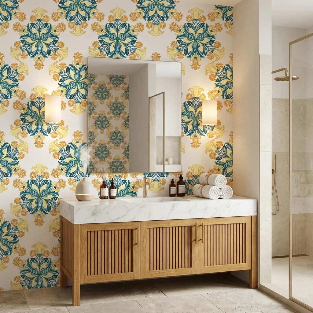Saffron Bloom vibrant yellow and teal floral wallpaper as a feature wall in a bright home office