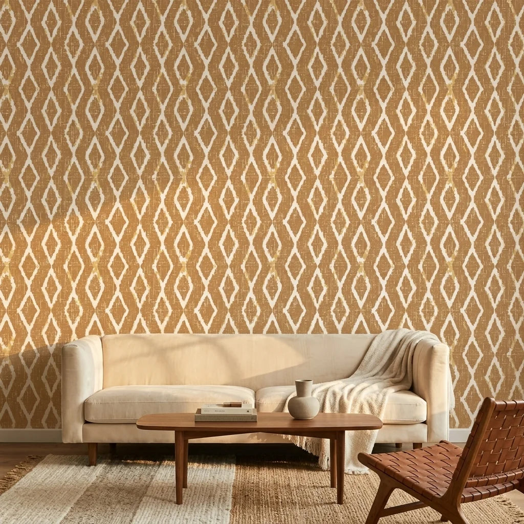 Saffron Ikat ochre geometric peel and stick wallpaper in a warm and inviting living room