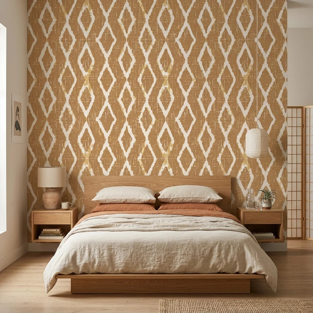 Saffron Ikat ochre geometric peel and stick wallpaper adding character to a cozy bedroom