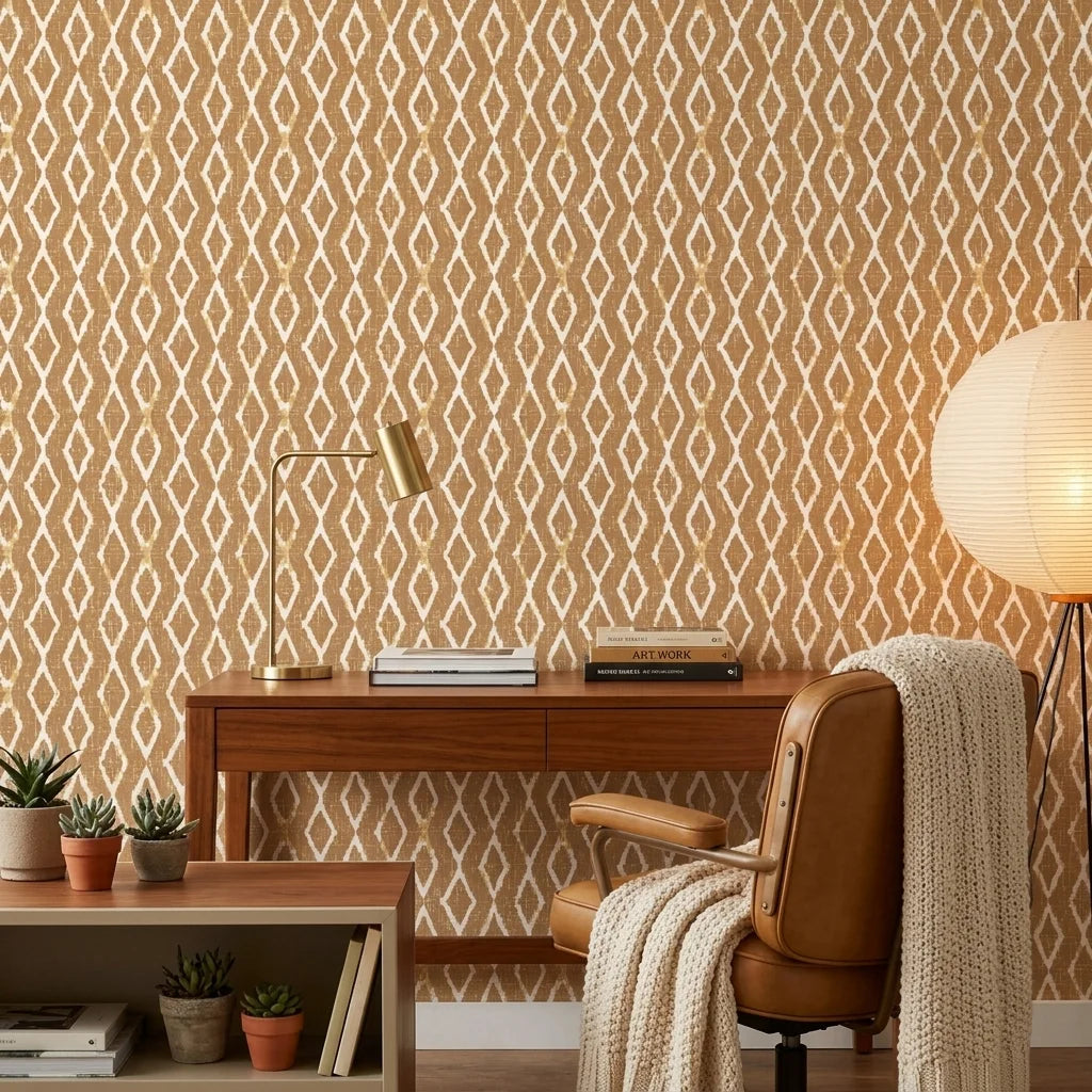 Saffron Ikat ochre geometric peel and stick wallpaper as a feature wall in a bright home office
