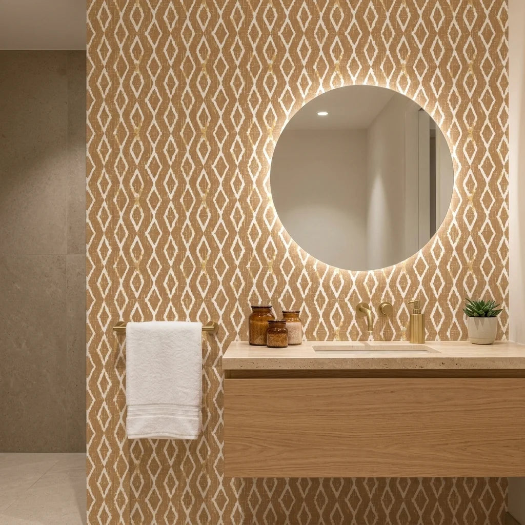 Saffron Ikat ochre geometric peel and stick wallpaper creating ambiance in a serene bathroom