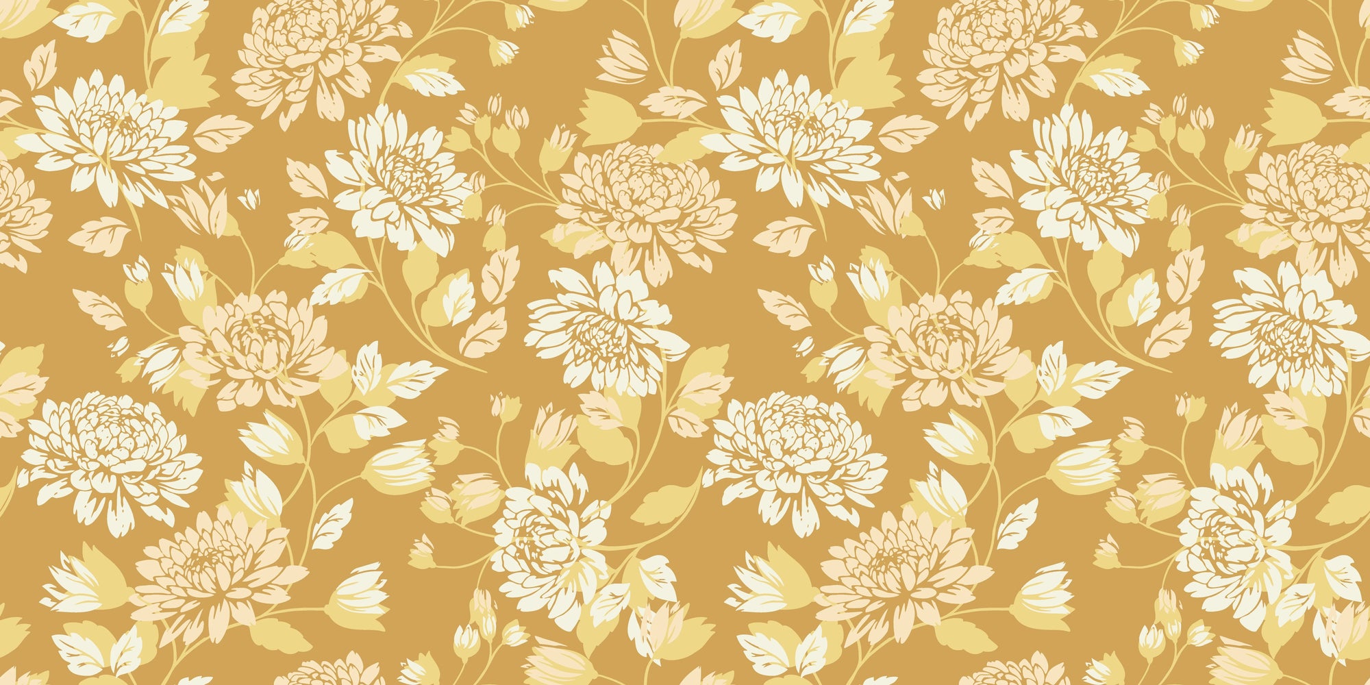 Smooth peel and stick wallpaper with cream chrysanthemums on gold - Saffron Hush