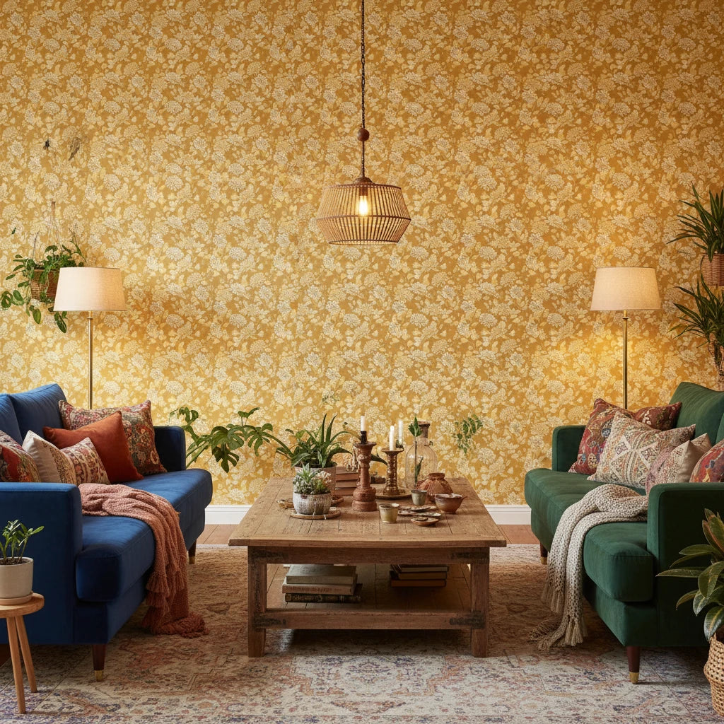 Saffron Hush warm gold chrysanthemum wallpaper in a warm and inviting living room