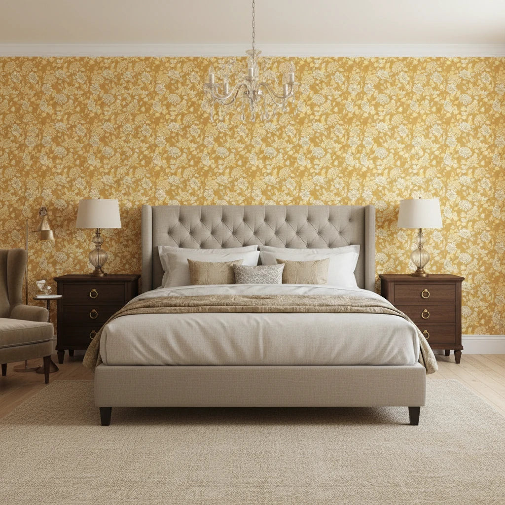 Saffron Hush warm gold chrysanthemum wallpaper adding character to a cozy bedroom