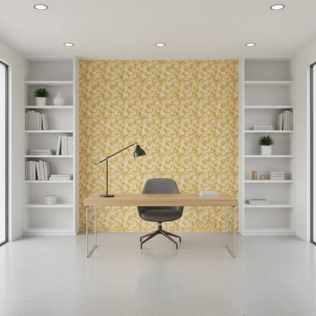 Saffron Hush warm gold chrysanthemum wallpaper as a feature wall in a bright home office