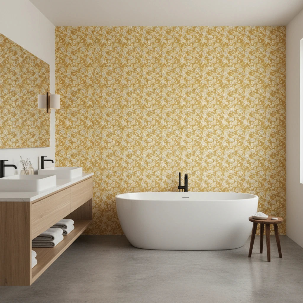Saffron Hush warm gold chrysanthemum wallpaper creating ambiance in a serene bathroom