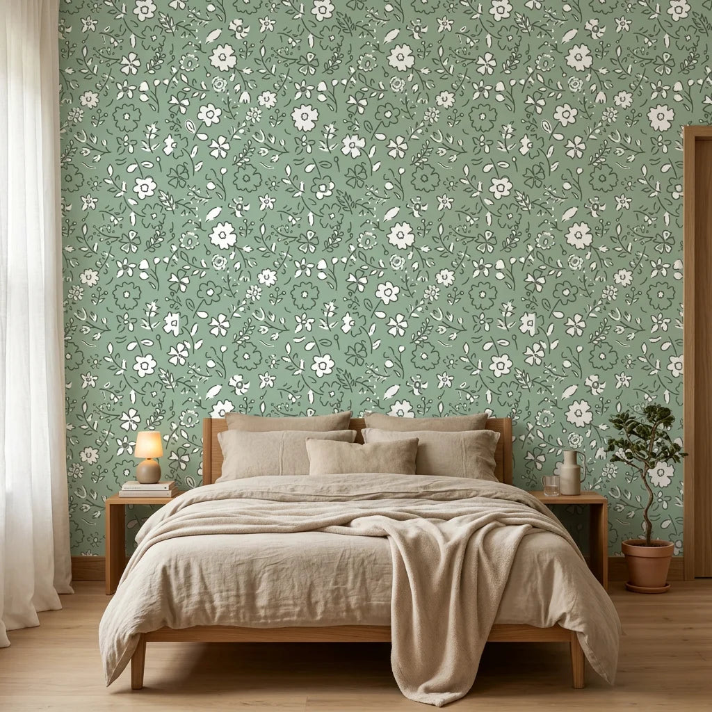 Sage Blossom serene green floral wallpaper in a warm and inviting living room