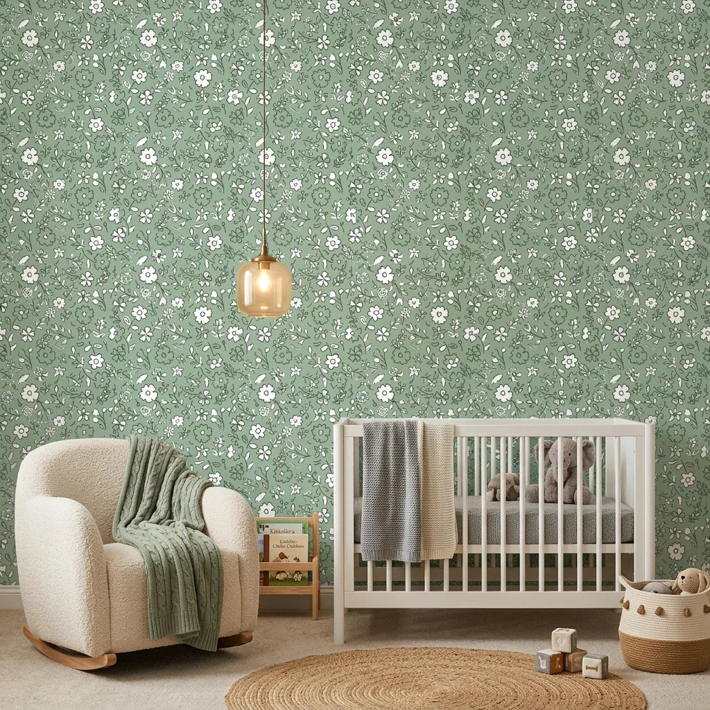 Sage Blossom serene green floral wallpaper adding character to a cozy bedroom