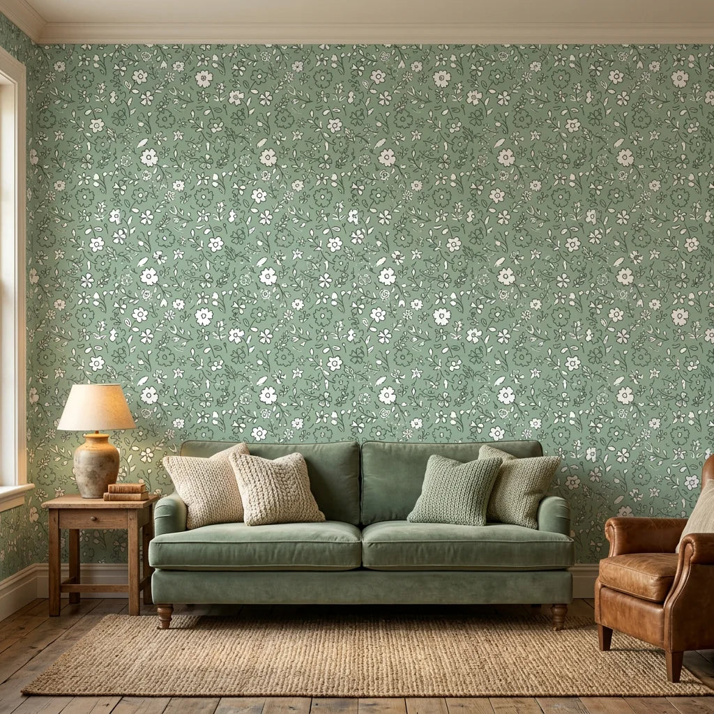 Sage Blossom serene green floral wallpaper as a feature wall in a bright home office
