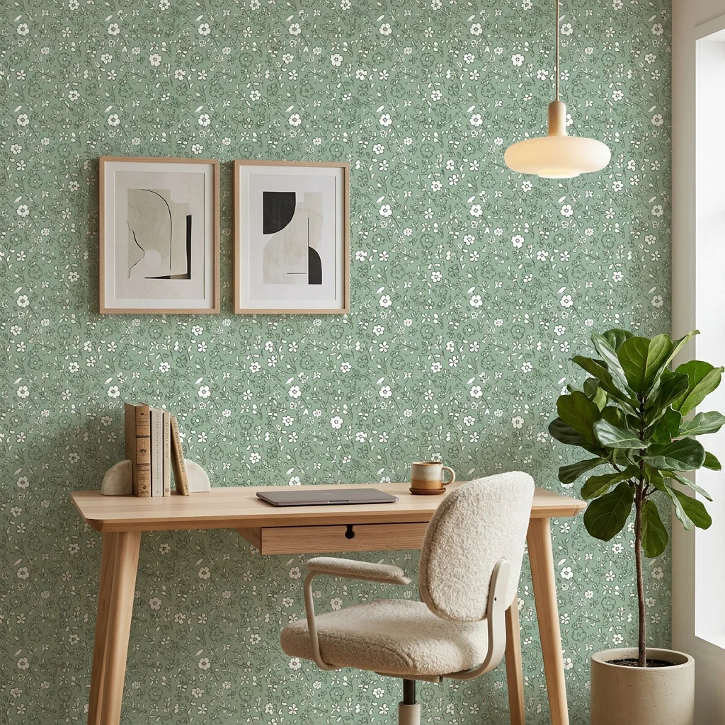 Sage Blossom serene green floral wallpaper creating ambiance in a serene bathroom