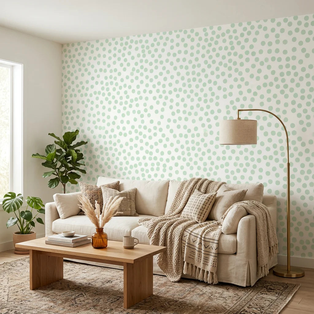 Sage Drop sage green polka dot wallpaper in a warm and inviting living room