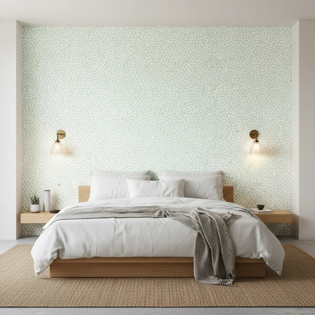 Sage Drop sage green polka dot wallpaper adding character to a cozy bedroom