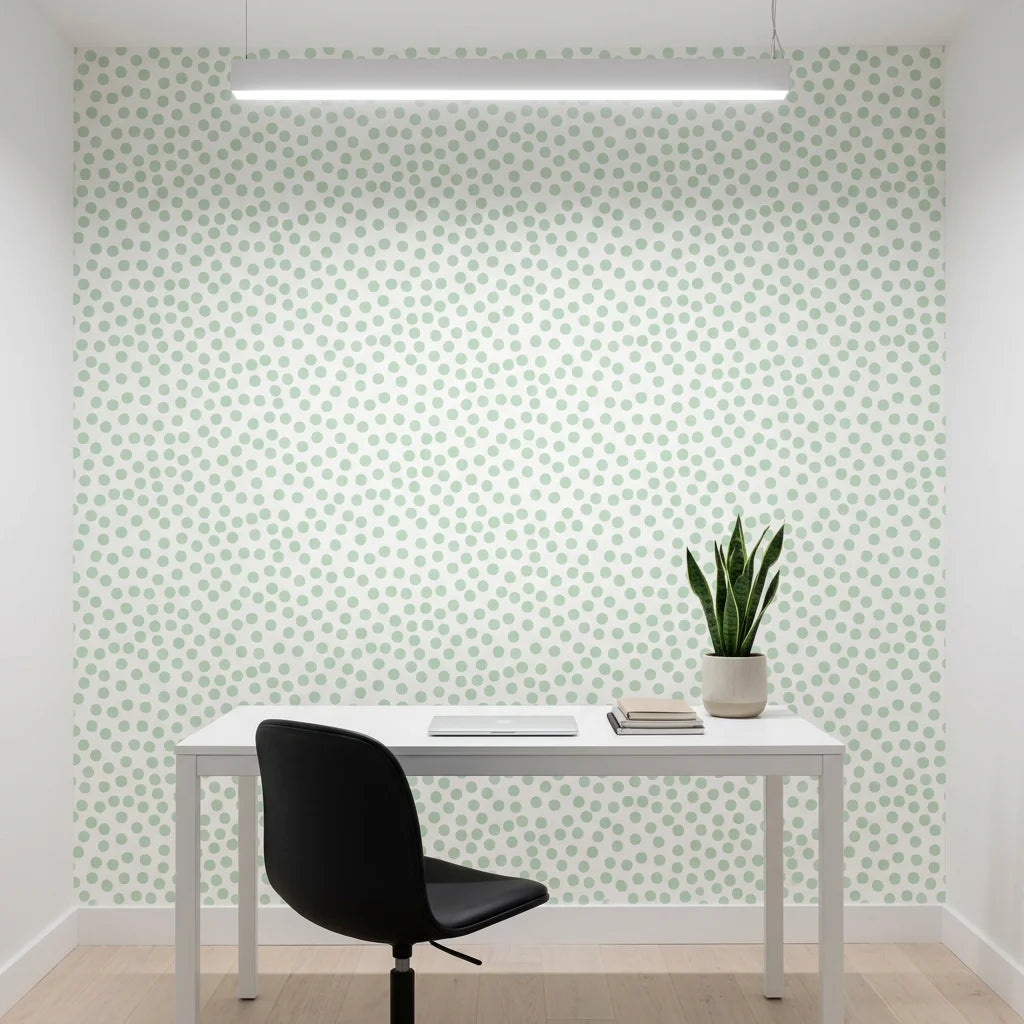 Sage Drop sage green polka dot wallpaper as a feature wall in a bright home office
