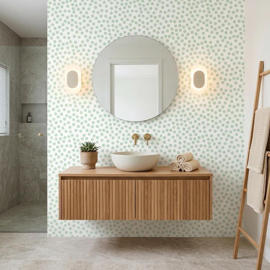 Sage Drop sage green polka dot wallpaper creating ambiance in a serene bathroom