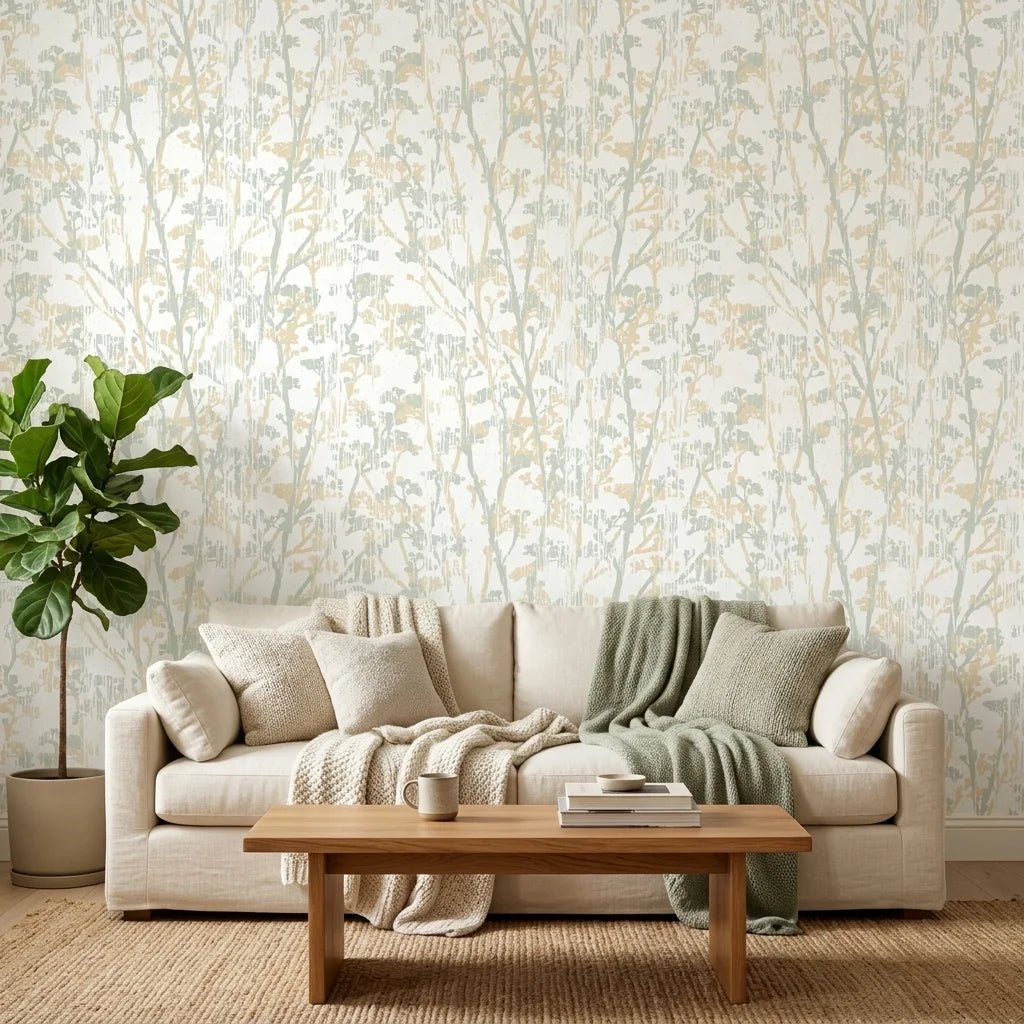 Sage Rain neutral botanical peel and stick wallpaper in a warm and inviting living room