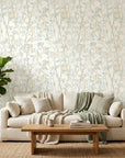Sage Rain neutral botanical peel and stick wallpaper in a warm and inviting living room