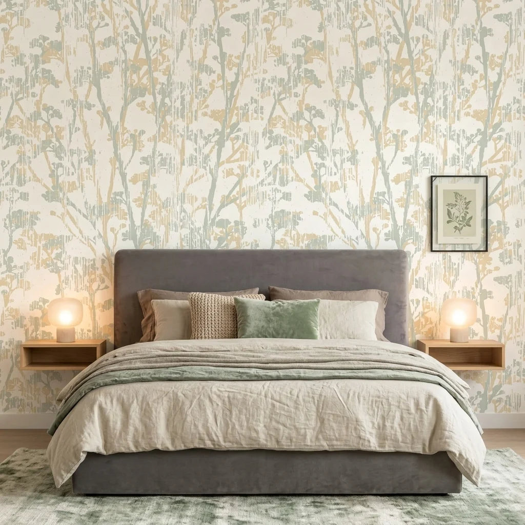 Sage Rain neutral botanical peel and stick wallpaper adding character to a cozy bedroom