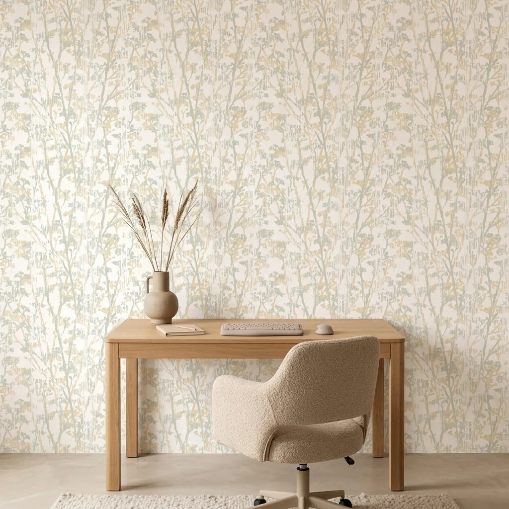 Sage Rain neutral botanical peel and stick wallpaper as a feature wall in a bright home office