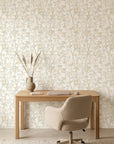 Sage Rain neutral botanical peel and stick wallpaper as a feature wall in a bright home office