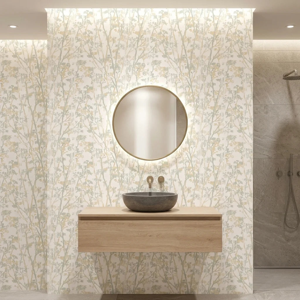 Sage Rain neutral botanical peel and stick wallpaper creating ambiance in a serene bathroom
