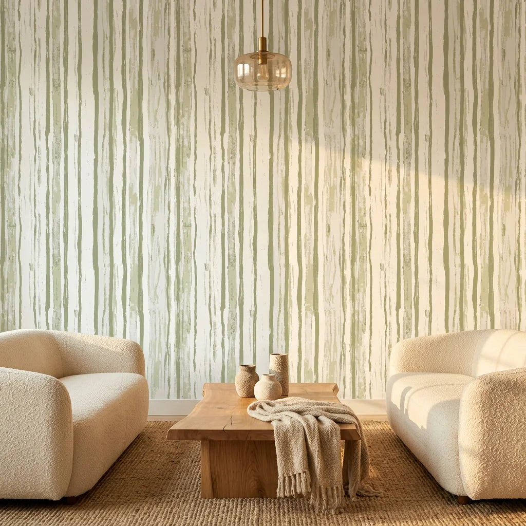 Sage Rainfall neutral toned vertical stripe wallpaper in a warm and inviting living room