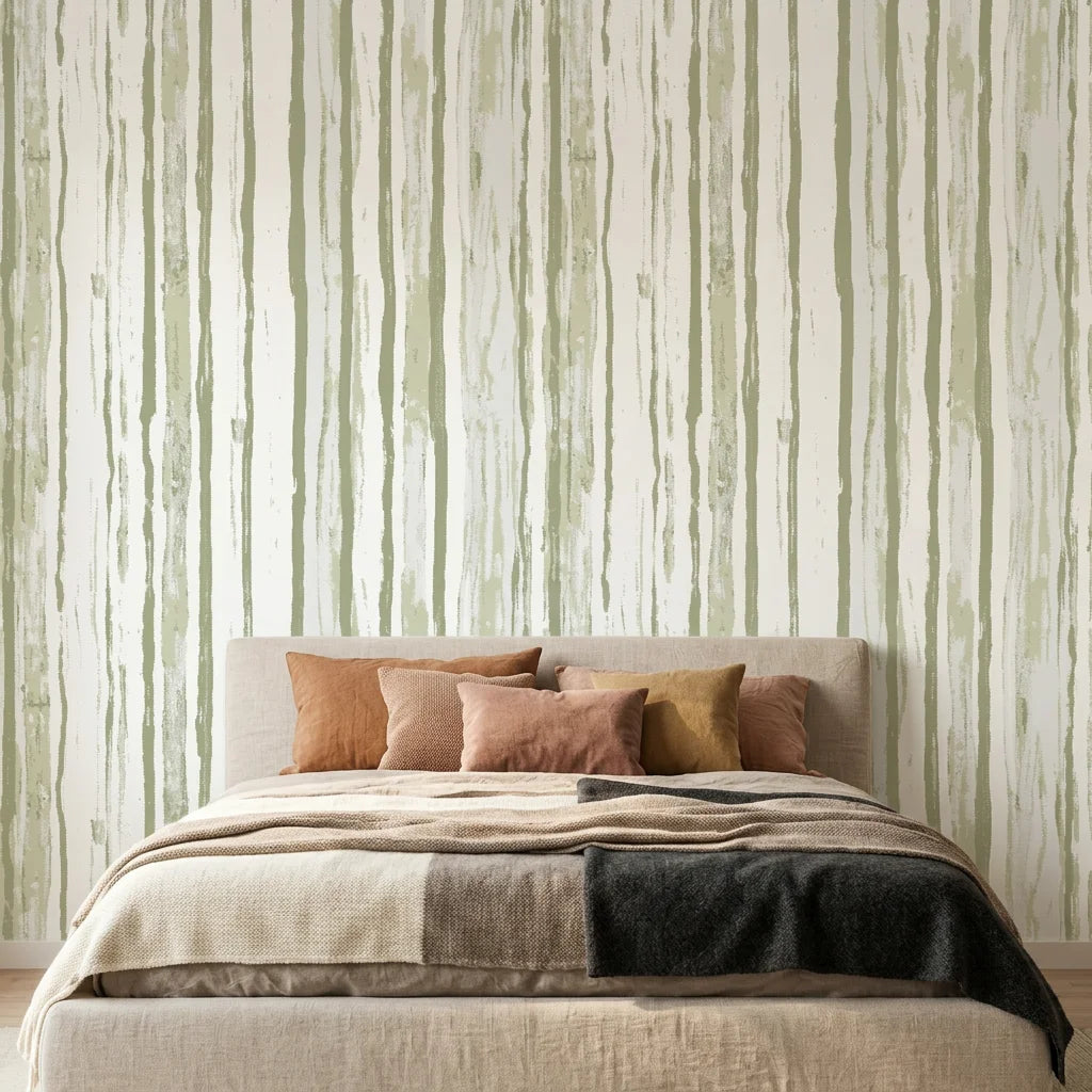 Sage Rainfall neutral toned vertical stripe wallpaper adding character to a cozy bedroom
