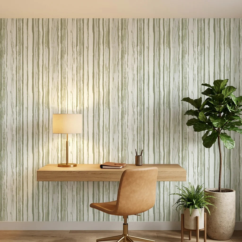 Sage Rainfall neutral toned vertical stripe wallpaper as a feature wall in a bright home office