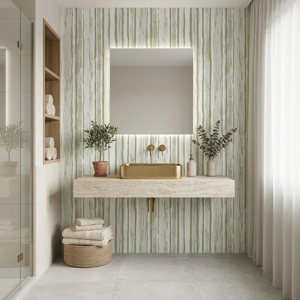 Sage Rainfall neutral toned vertical stripe wallpaper creating ambiance in a serene bathroom
