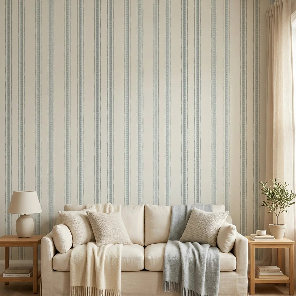 Sage Ritual serene blue striped wallpaper in a warm and inviting living room