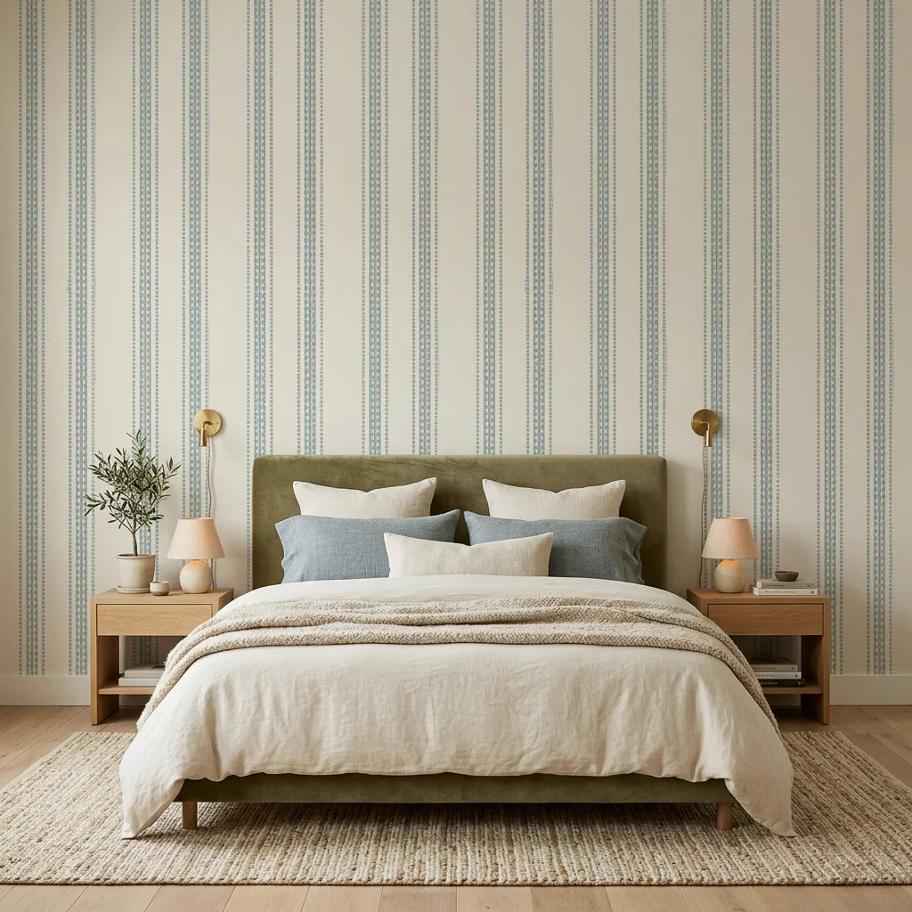 Sage Ritual serene blue striped wallpaper adding character to a cozy bedroom