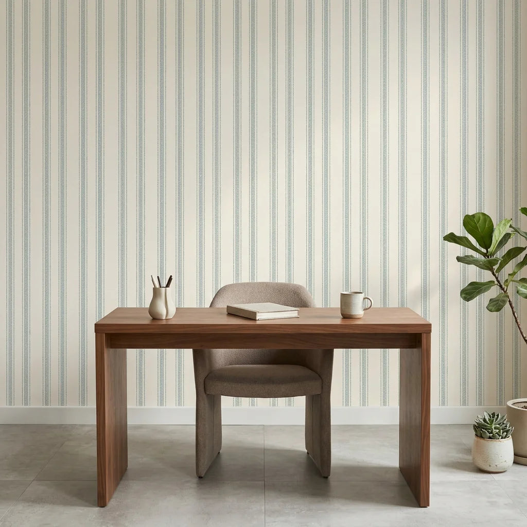 Sage Ritual serene blue striped wallpaper as a feature wall in a bright home office