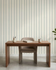 Sage Ritual serene blue striped wallpaper as a feature wall in a bright home office