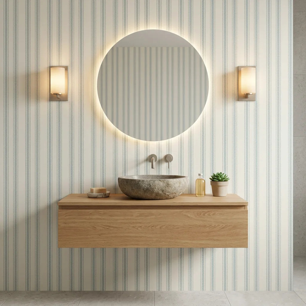 Sage Ritual serene blue striped wallpaper creating ambiance in a serene bathroom