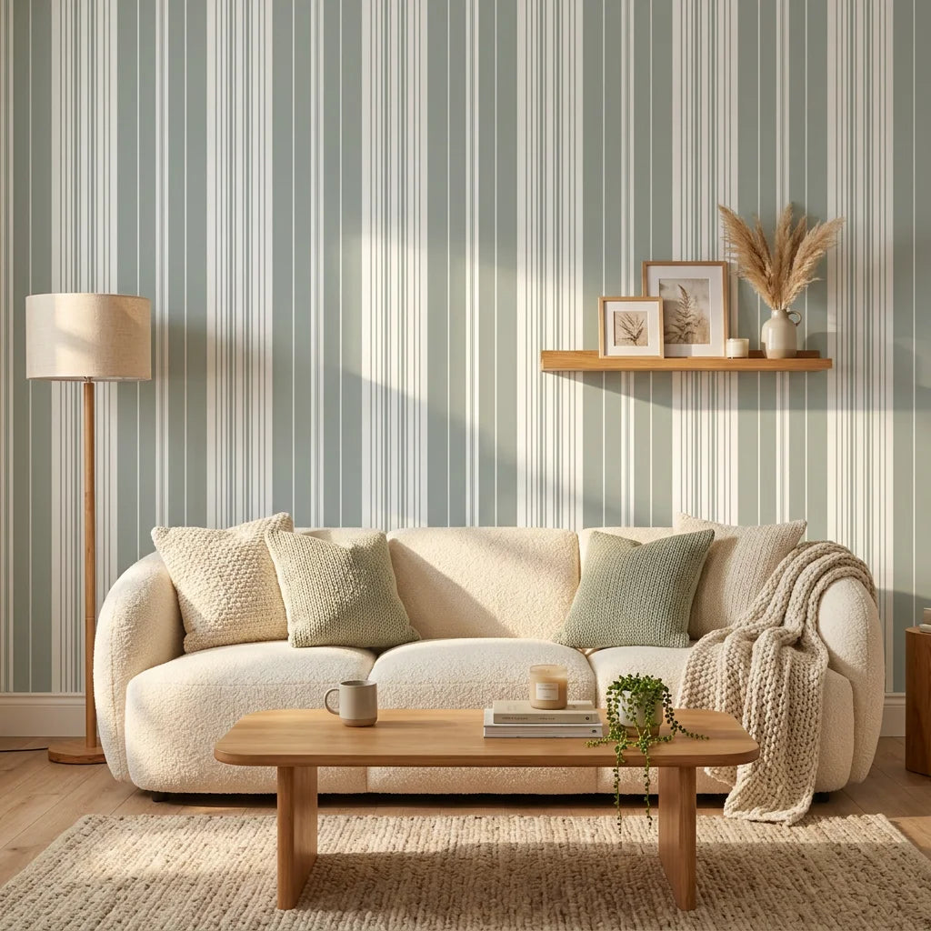 Sage Stripe modern grey striped wallpaper in a warm and inviting living room