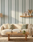 Sage Stripe modern grey striped wallpaper in a warm and inviting living room