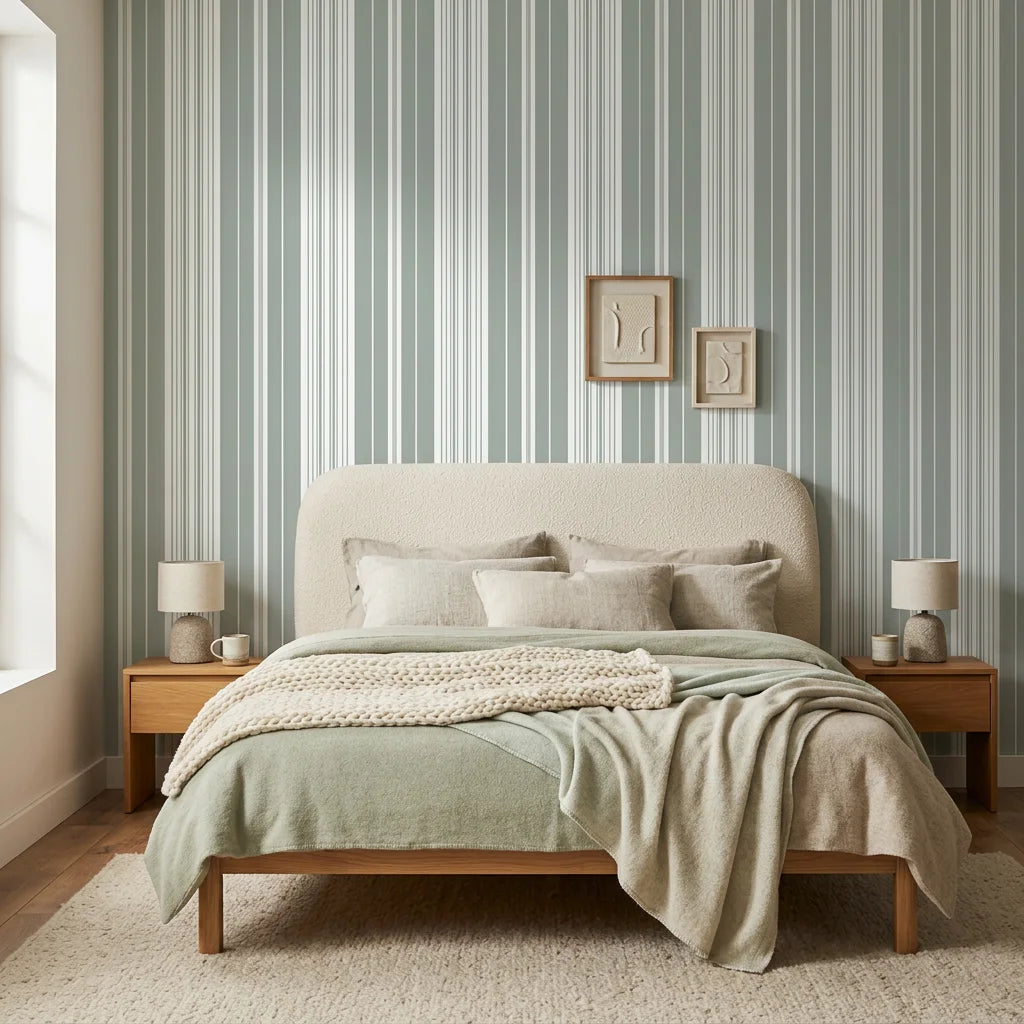 Sage Stripe modern grey striped wallpaper adding character to a cozy bedroom