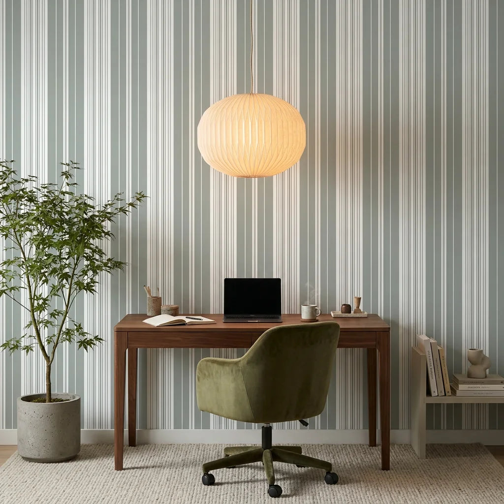 Sage Stripe modern grey striped wallpaper as a feature wall in a bright home office