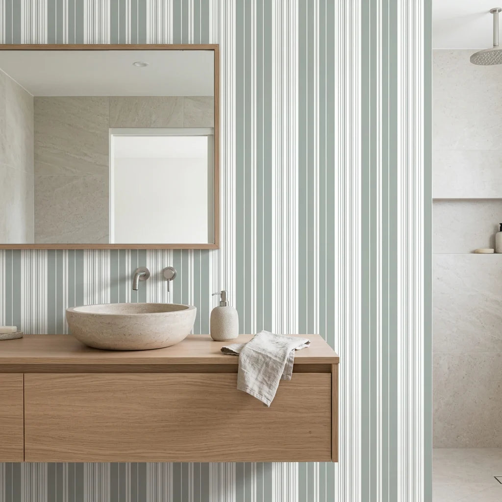 Sage Stripe modern grey striped wallpaper creating ambiance in a serene bathroom