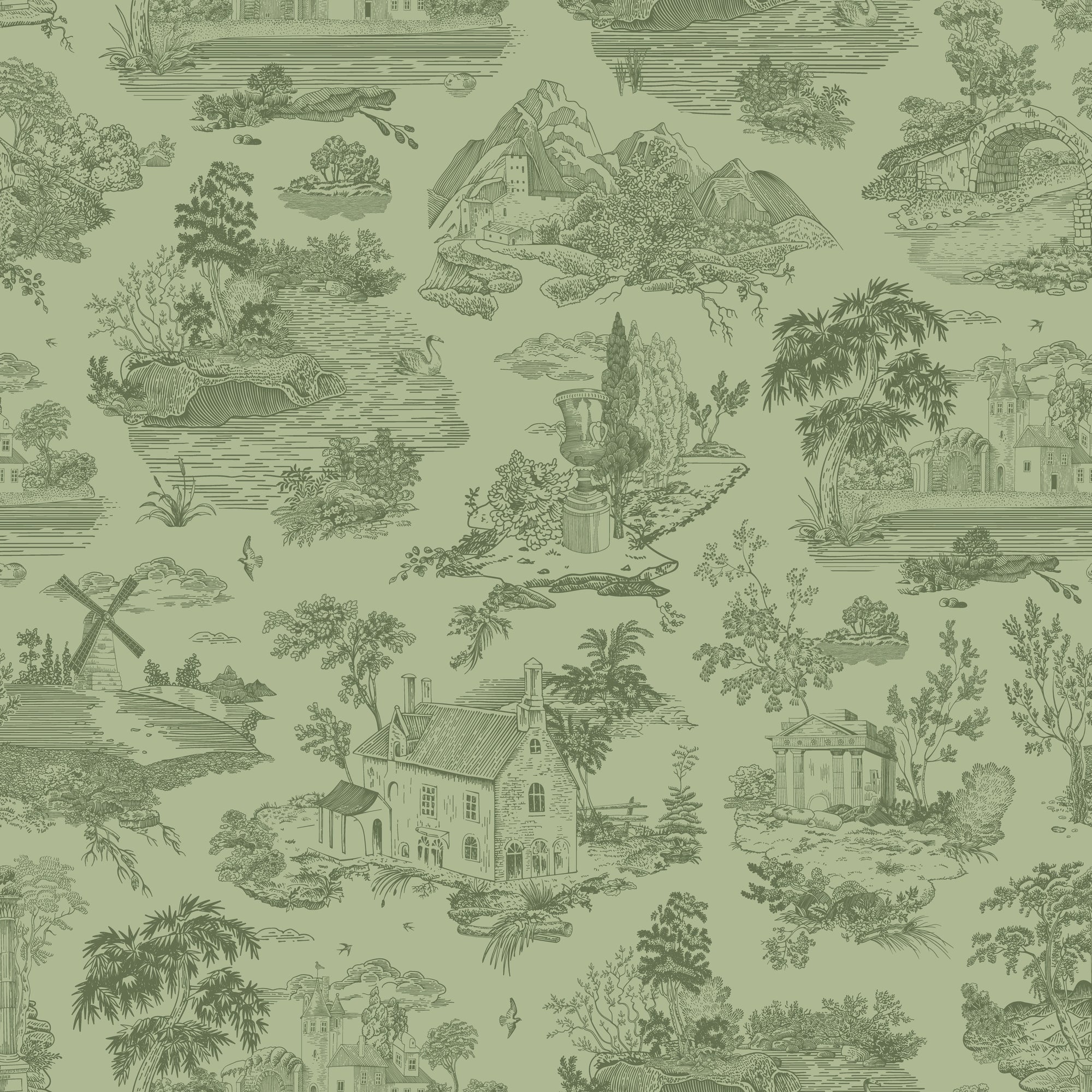 Matte sage green pastoral toile peel and stick wallpaper - Sage Swan
