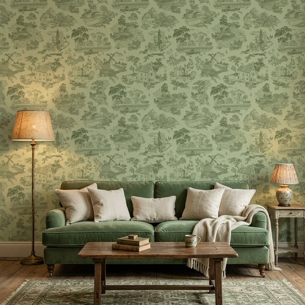 Sage Swan green pastoral toile wallpaper in a warm and inviting living room
